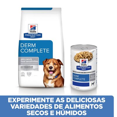 Hill's Prescription Diet Derm Complete, ração seca e húmida. Texto: Experimente as deliciosas variedades de alimentos secos e húmidos.