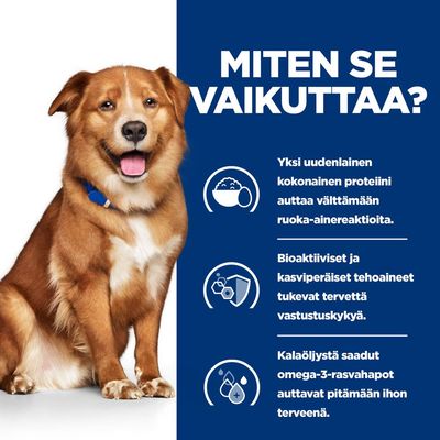 Teksti: Miten se vaikuttaa? Yksi uudenlainen kokonainen proteiini auttaa välttämään ruoka-aine­reaktioita. Bioaktiiviset ja kasvipohjaiset tehoaineet tukevat vastustuskykyä. Kalaöljyn omega-3 ylläpitää ihon terveyttä.