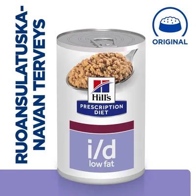 Hill's Prescription Diet i/d low fat -säilykepurkki, teksti: ruoansulatuskanavan terveys, Original-symboli yläkulmassa