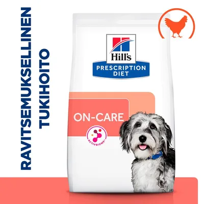 Hill's Prescription Diet ON-CARE koiranruokapakkaus, teksti: Ravitsemuksellinen tukihoito, kanan siluetti ja ActivBiome-logo näkyvissä. Hill's Prescription Diet ON-CARE koiranruokapakkaus, teksti: Ravitsemuksellinen tukihoito, kanan siluetti ja ActivBiome-logo näkyvissä.