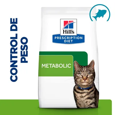 Pienso para gatos Hill's Prescription Diet Metabolic, control de peso. Envase con imagen de gato y texto visible: METABOLIC. Símbolo de pez en la esquina superior derecha. Pienso para gatos Hill's Prescription Diet Metabolic, control de peso. Envase con imagen de gato y texto visible: METABOLIC. Símbolo de pez en la esquina superior derecha.