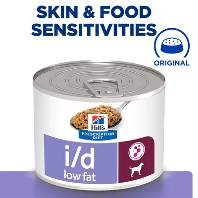 Hill's Prescription Diet i/d low fat konzerva, tekst: SKIN & FOOD SENSITIVITIES, ORIGINAL, prikaz hrane na žlici, simbol psa i ActivBiome+ na pakiranju.