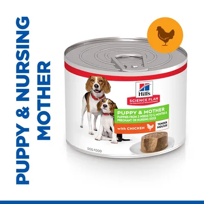 Hill's Science Plan Puppy & Mother mokra hrana za pse, s piletinom, natpis: 'Puppy & Mother, puppies from 3 weeks to 12 months & pregnant or nursing dogs, with chicken, tender mousse'.