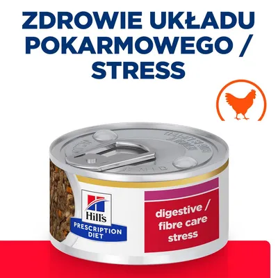 Hill's Prescription Diet, digestive/fibre care stress. Zdrowie układu pokarmowego/stress. Grafika kurczaka na białym tle.