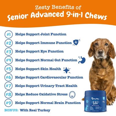 Senior Advanced 9-in-1 Chews benefits: supports joint, immune, eye, gut, skin, cardiovascular, urinary, brain health, reduces oxidative stress. Bonus: with real turkey.