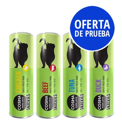 Cuatro tubos de snacks Cosma Pure Love Snackies: Chicken, Beef, Tuna y Duck. Etiqueta azul con texto 'OFERTA DE PRUEBA'. Texto visible en inglés.