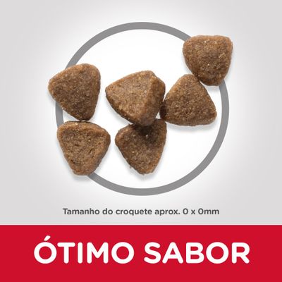 Seis croquetes triangulares de ração. Texto visível: 'Tamanho do croquete aprox. 0 x 0mm'. Em destaque: 'ÓTIMO SABOR'.