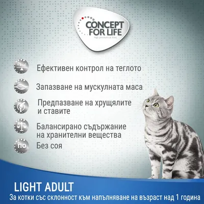 CONCEPT FOR LIFE. Ефективен контрол на теглото, запазване на мускулната маса, предпазване на хрущялите и ставите, балансирани хранителни вещества, без соя. LIGHT ADULT за котки над 1 година.