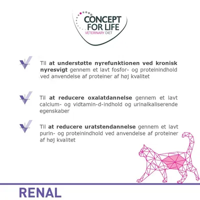 CONCEPT FOR LIFE VETERINARY DIET. Til at understøtte nyrefunktionen ved kronisk nyresvigt, reducere oxalatdannelse og uratstendannelse. RENAL.