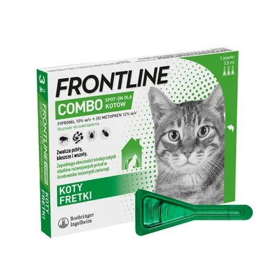 FRONTLINE Combo Spot-On dla kotów i fretek, 3 pipetki po 0,5 ml. Zwalcza pchły, kleszcze i wszoły. Fipronil 10% w/v, (S)-metopren 12% w/v. Boehringer Ingelheim.