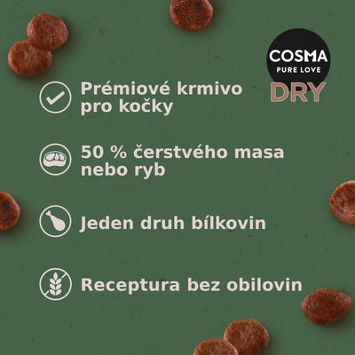 COSMA PURE LOVE DRY. Prémiové krmivo pro kočky, 50 % čerstvého masa nebo ryb, jeden druh bílkovin, receptura bez obilovin.