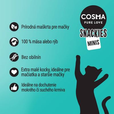 COSMA PURE LOVE SNACKIES MINIS. Prírodná maškrta pre mačky, 100 % mäsa alebo rýb, bez obilnín, extra malé kocky, ideálne na dochutenie mokrého či suchého krmiva.