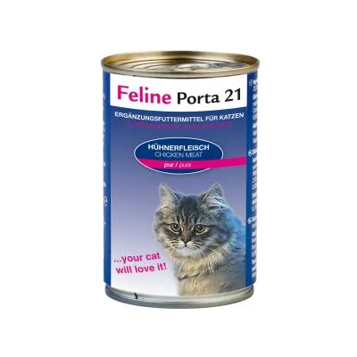 Feline Porta 21, alimento complementare per gatti, Hühnerfleisch Chicken Meat pur/puro. Testo in inglese: your cat will love it! Immagine di un gatto sul fronte della lattina.