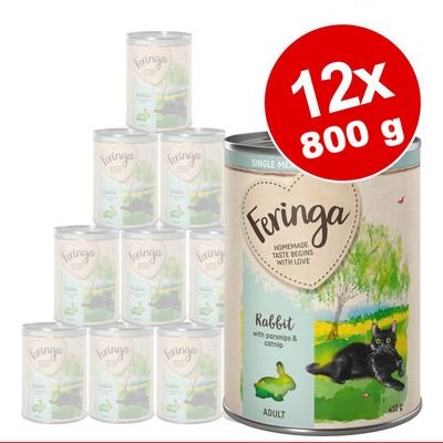 Feringa Nyúl paszternákkal és macskamentával, 12 doboz, 800 g-os, felnőtt macskáknak. A dobozon egy fekete macska látható.