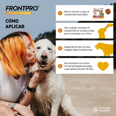 Instrucciones de uso de FrontPro comprimidos masticables: abrir el envase, sacar el comprimido, dárselo al perro, asegurarse de que lo trague. Protección contra pulgas y garrapatas durante 30 días.