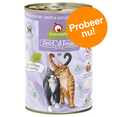 GranataPet DeliCATessen Paté Ente & Geflügel. Probeer nu! Zonder granen, met granaatappelpitten en zalmolie. Illustratie van twee katten op het blik.