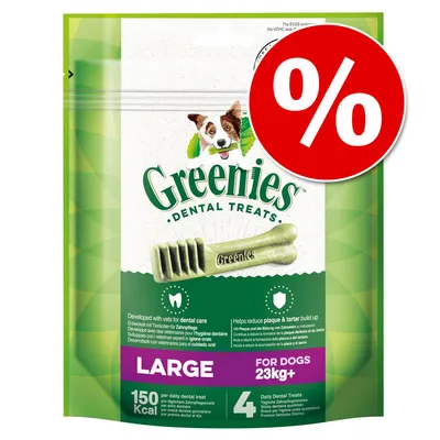 Greenies Dental Treats LARGE за кучета 23 кг+, 4 броя, 150 kcal на лакомство. Промоционален знак с процент в червено.