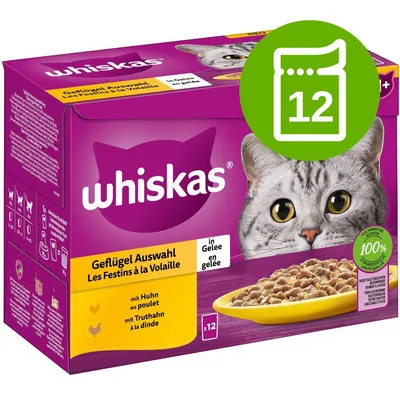 Whiskas Geflügel Auswahl in Gelee macskaeledel, 12 tasakos csomag, látható tál étellel, 100% hochwertige Zutaten felirat, lila doboz cicafejjel