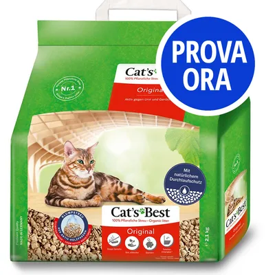 Cat's Best Original lettiera vegetale per gatti, confezione da 21,1 kg. Testo visibile: PROVA ORA. Immagine di un gatto su lettiera e simboli delle caratteristiche.