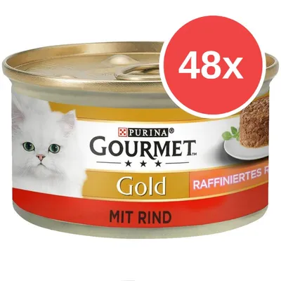 Konzerva Purina Gourmet Gold, MIT RIND, 48x. Na obalu bílá kočka a kousek masové paštiky na talíři. Text také v němčině: RAFFINIERTES REZEPT.