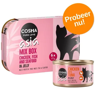 Cosma Pure Love Asia Mix Box, 6 x 170g. Chicken, fish and seafood in jelly. Blik: Chicken with Tuna in Jelly. Probeer nu!