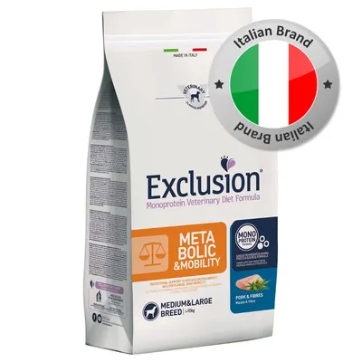 Exclusion Monoprotein Veterinary Diet Formula Metabolic & Mobility, Medium & Large Breed >10kg, maiale e fibre. Made in Italy. Marchio: Italian Brand.