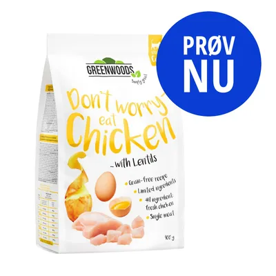 GREENWOODS Don't worry eat Chicken with Lentils, grain-free recipe, limited ingredients, #1 ingredient: fresh chicken, single meat, 900 g. Blå cirkel med teksten PRØV NU.