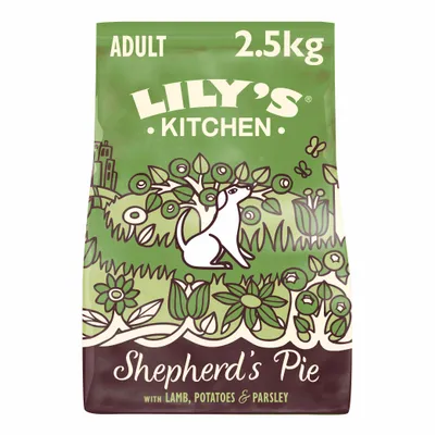 LILY'S KITCHEN ADULT Shepherd's Pie hondenvoer, 2.5 kg, met lam, aardappelen en peterselie. Tekst: with lamb, potatoes & parsley.