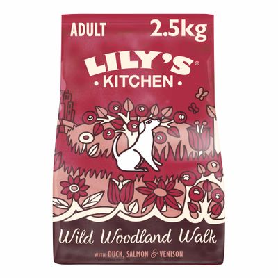 LILY'S KITCHEN Adult Wild Woodland Walk hondenvoer, 2,5 kg. Met eend, zalm en hert, zichtbaar op de verpakking.