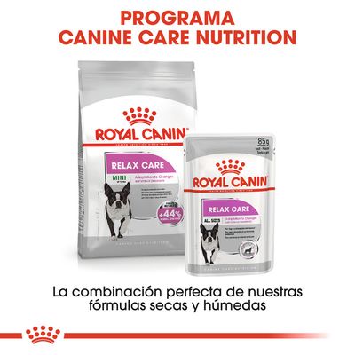 Royal Canin Relax Care, pienso seco Mini y sobre húmedo All Sizes. Texto: Programa Canine Care Nutrition. La combinación perfecta de nuestras fórmulas secas y húmedas.