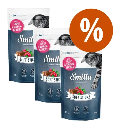 Smilla Soft Sticks macska jutalomfalat, 3 csomag, trout & lingonberries felirattal, akciós százalék jellel a képen Smilla Soft Sticks macska jutalomfalat, 3 csomag, trout & lingonberries felirattal, akciós százalék jellel a képen
