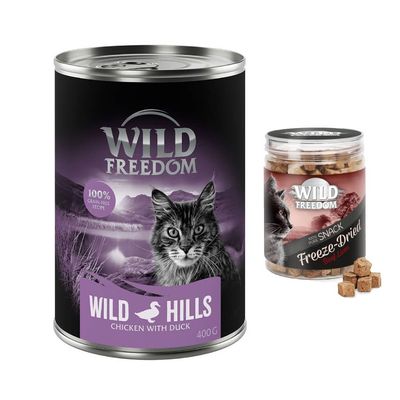 Wild Freedom Kombi-Paket: 24 x 400 g Adult Nassfutter + 3 x 45 g RAW Wild Hills - Ente & Huhn + Hühnerherzen