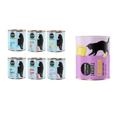 Cosma Kombi-Paket: 24 x 280 g Nature + 2 x 200 g Maxi Snackie XXL Mixpaket 1 (6 Sorten) + Hühnchen