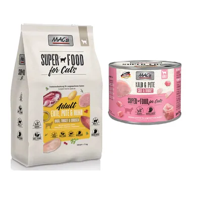 MAC´s Kombi-Paket: 12 x 200 g Nassfutter + 2 x 1,5 kg Superfood Trockenfutter - 12 x 200 g Kalb & Pute + 2 x 1,5 kg Adult Ente, Pute & Huhn