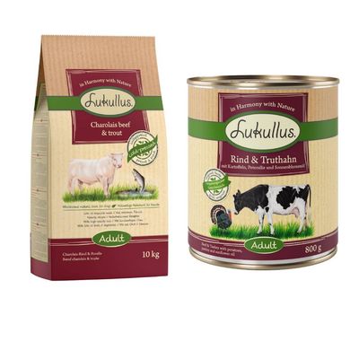 Lukullus Kaltgepresst Kombi-Paket: 10 kg Trockenfutter + 24 x 800 g Nassfutter Adult Rind & Forelle + Rind & Truthahn