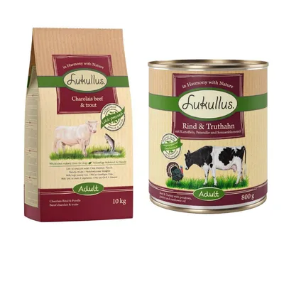 Lukullus Kaltgepresst Kombi-Paket: 10 kg Trockenfutter + 24 x 800 g Nassfutter - Adult Rind & Forelle + Rind & Truthahn  Lukullus Kaltgepresst Kombi-Paket: 10 kg Trockenfutter + 24 x 800 g Nassfutter - Adult Rind & Forelle + Rind & Truthahn