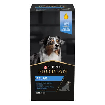 Purina Pro Plan Relax+ 250ml box with dog image, text: Fish Oils Omega 3, Natural calming effect for dogs. Blue and black packaging, visible brand and product details.