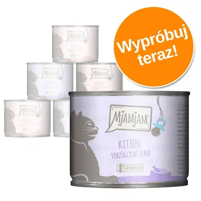 Zestaw puszek MjAMjAM Kitten Vorzügliches Kalb, widoczny napis na pomarańczowym kole: Wypróbuj teraz!