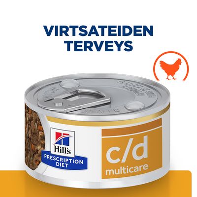 Hill's Prescription Diet c/d Multicare -märkäruokapurkki, teksti 'Virtsateiden terveys', oranssi kanan siluetti etiketissä