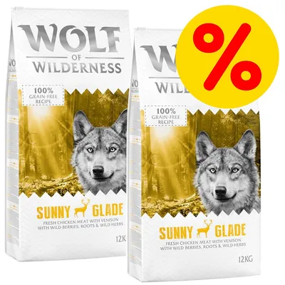Wolf of Wilderness Sunny Glade, receta sin cereales, 12 kg. Oferta especial indicada con símbolo de porcentaje en amarillo y rojo. Wolf of Wilderness Sunny Glade, receta sin cereales, 12 kg. Oferta especial indicada con símbolo de porcentaje en amarillo y rojo.