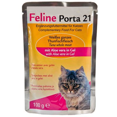 Feline Porta 21 kattefoder, Ergänzungsfuttermittel für Katzen, Weißes ganzes Thunfischfleisch mit Aloe vera in Gel, 100 g. Billede af kat på emballagen.