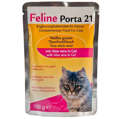 Feline Porta 21 kattefoder, Ergänzungsfuttermittel für Katzen, Weißes ganzes Thunfischfleisch mit Aloe vera in Gel, 100 g. Billede af kat på emballagen.