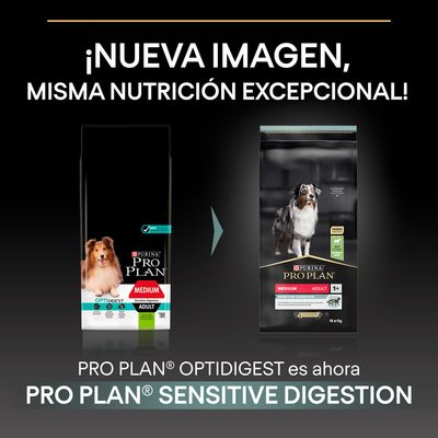 Purina Pro Plan cambia de Optidigest a Sensitive Digestion para perros adultos medianos. Imagen de ambos envases y texto: '¡Nueva imagen, misma nutrición excepcional!'.