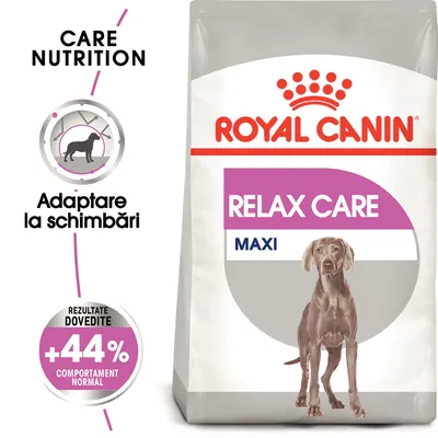 Pachet hrană pentru câini Royal Canin Relax Care Maxi. Text vizibil: Adaptare la schimbări, rezultate dovedite +44% comportament normal.
