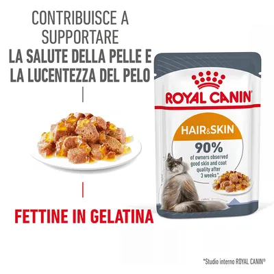 ROYAL CANIN Hair & Skin, fettine in gelatina per gatti. Testo visibile: contribuisce a supportare la salute della pelle e la lucentezza del pelo. 90% owners observed good skin and coat quality after 3 weeks.