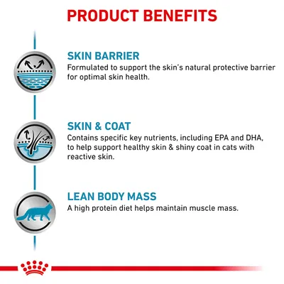 Product benefits: Skin Barrier – formulated to support the skin’s natural protective barrier; Skin & Coat – contains key nutrients including EPA and DHA; Lean Body Mass – high protein diet helps maintain muscle mass.