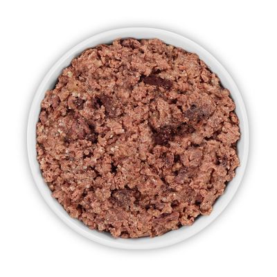 Rocco Classic Pork with beef & chicken, 12 x 400 g säilykepakkaus. Etiketissä: 100% fresh ingredients & grain-free recipe. Kuvassa lihaa ja kananpaloja.