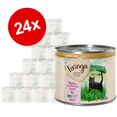 24x Feringa Chicken with Pork & Lamb ADULT 200g dåser kattemad. Synlig tekst: 'Homemade taste begins with love'. Illustration af sort kat på etiketten.