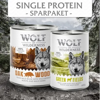 Wolf of Wilderness Single Protein Sparpaket. Oak Wood: Frisches Wildschwein mit Beeren, Wurzeln und Kräutern. Green Fields: Frisches Lamm mit Beeren, Wurzeln und Kräutern. 100% getreidefrei.