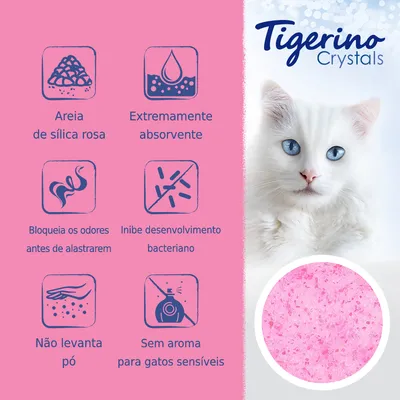 Tigerino Crystals. Areia de sílica rosa, extremamente absorvente, bloqueia odores, inibe desenvolvimento bacteriano, não levanta pó, sem aroma para gatos sensíveis.
